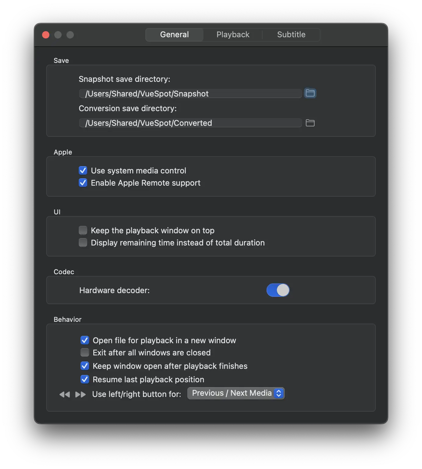 VueSpot general settings interface