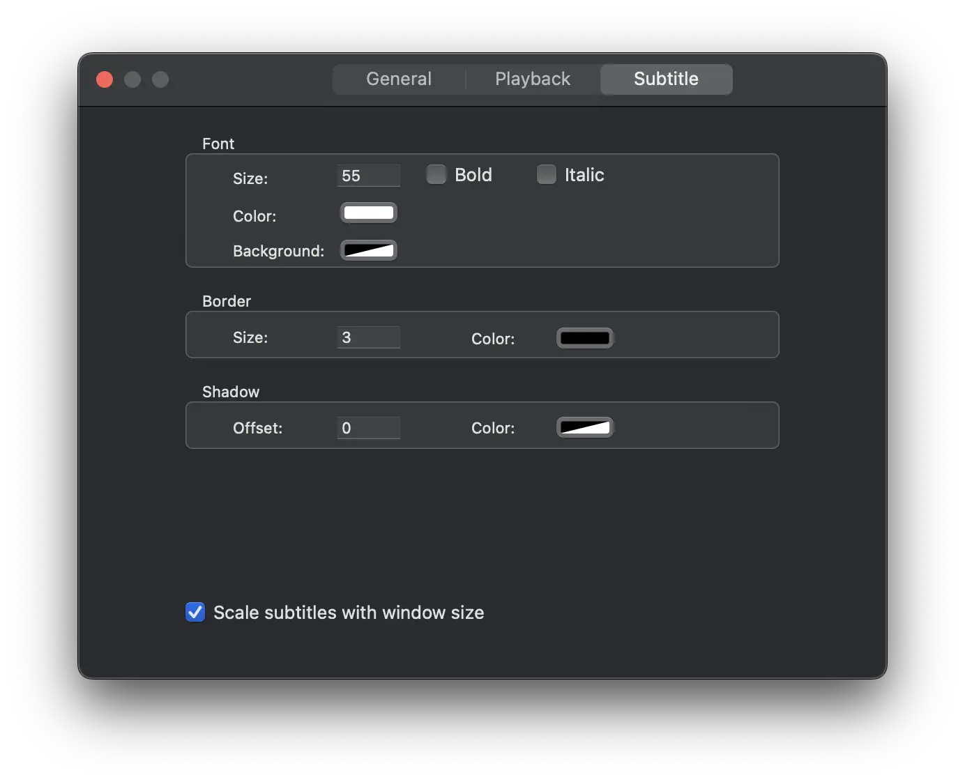 VueSpot subtitle settings interface