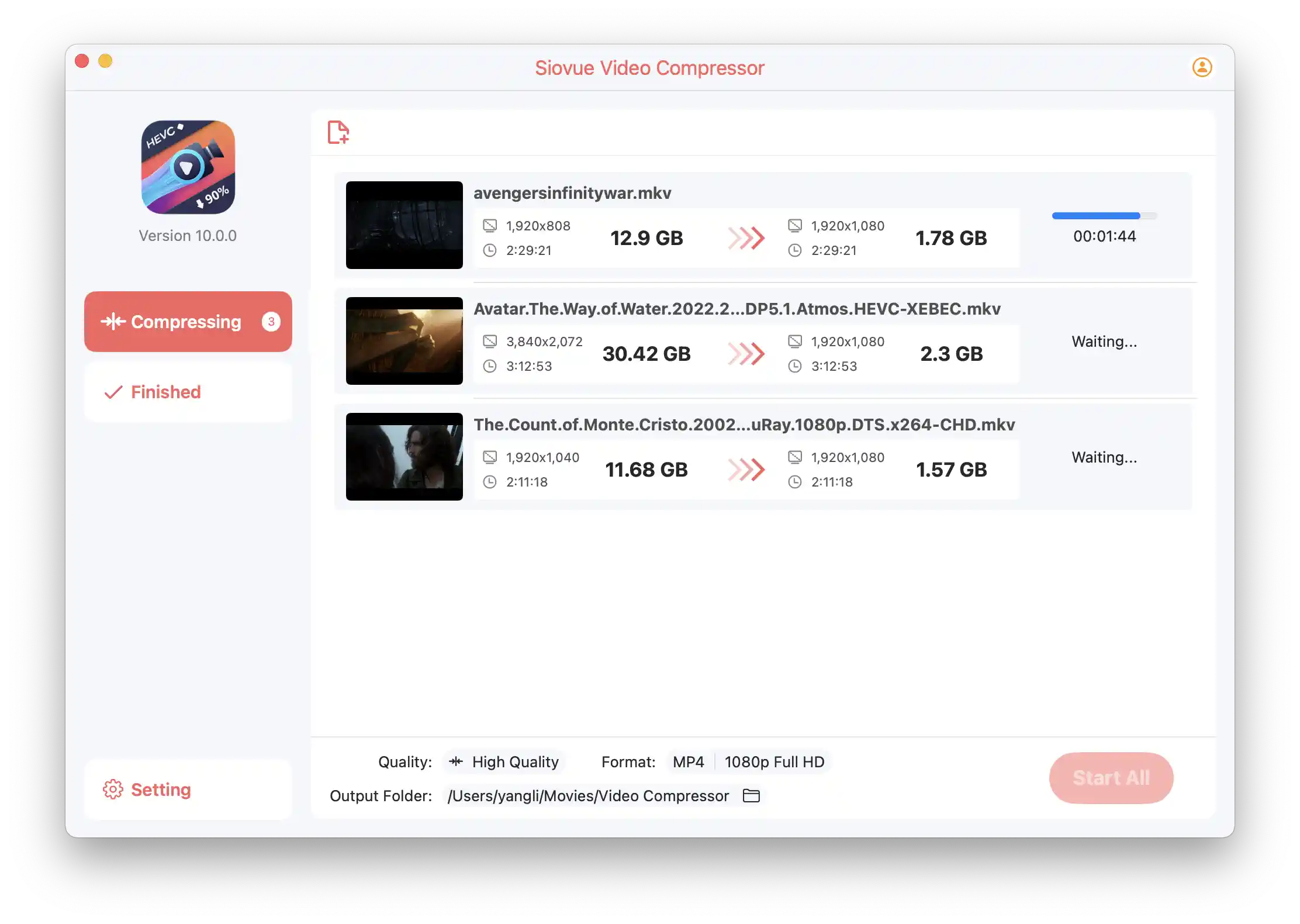 Siovue Video Compressor interface showing 90% size reduction while maintaining 4K quality